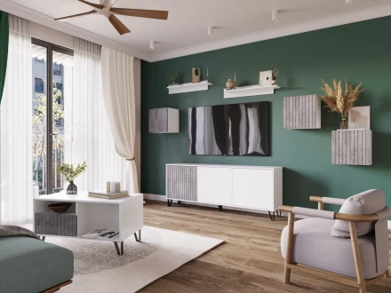 Тумба ТВ Ливерпуль, белый/бетон темный 