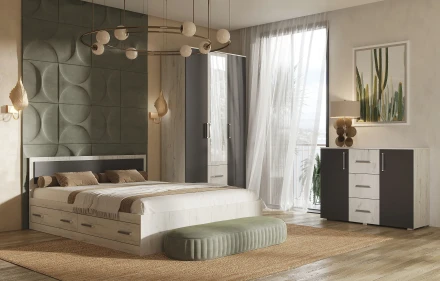 Кровать двуспальая с ящиками Фиеста New, Дуб крафт белый / Графит 